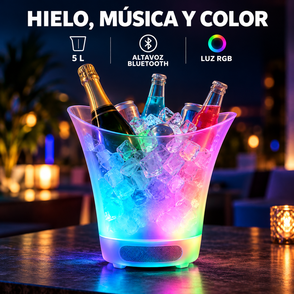 PARTY GLOW™ – Cubitera de Hielo con Altavoz Bluetooth y Luces LED