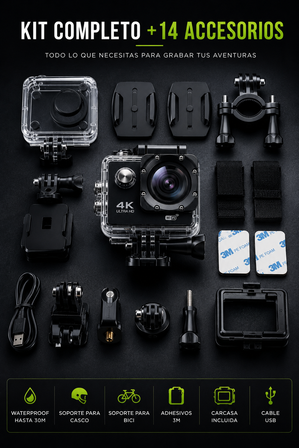 ActionCam 4K PRO™ | Kit Completo +15 Accesorios