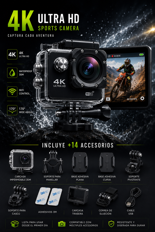 ActionCam 4K PRO™ | Kit Completo +15 Accesorios