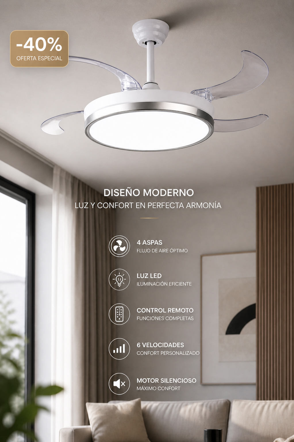 AEROSILENT™ Pro – Ventilador de Techo Inteligente Ultra Silencioso 4 en 1