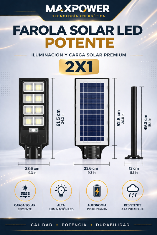 MAXPOWER™ Farola Solar 61,5CM Alta Potencia  –  1 + 1 GRATIS
